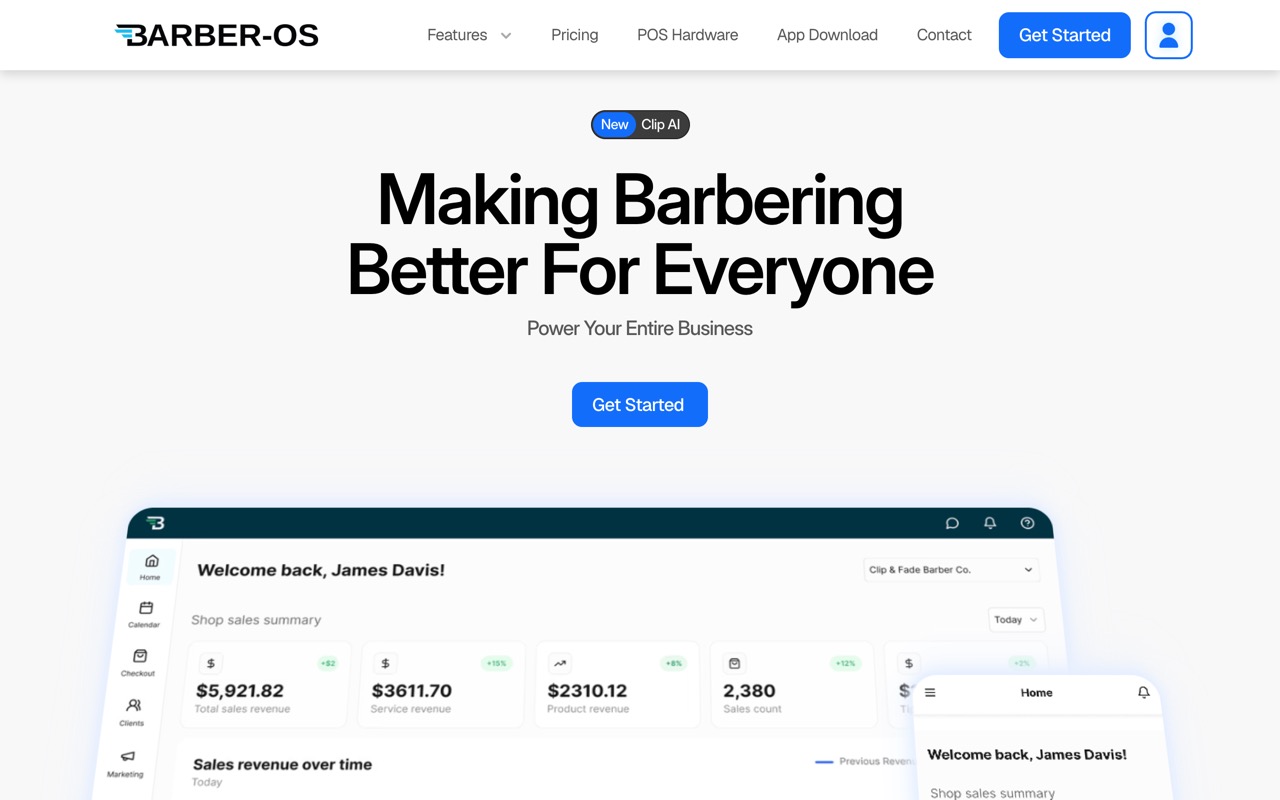 Homepage of the Barber-OS marketing site